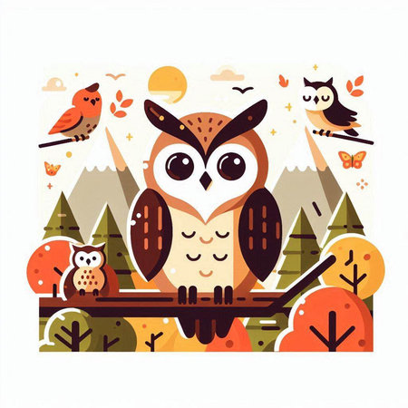 Cute vector card with owls in the forest. Vector illustration.のイラスト素材