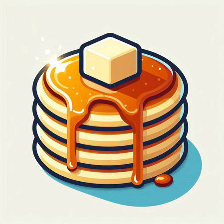 Illustration of a stack of pancakes with syrup and a cube of sugarのイラスト素材