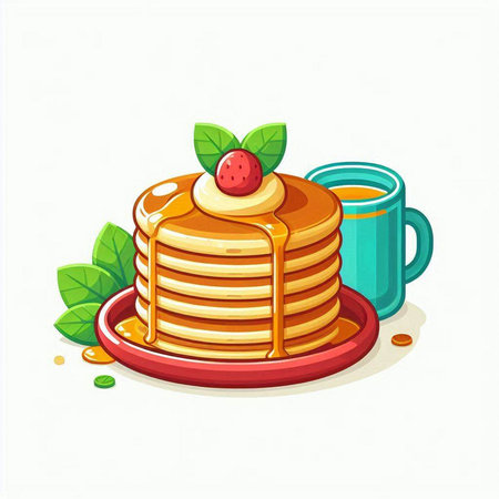 Pancakes with syrup and strawberry on a plate. Vector illustration.のイラスト素材