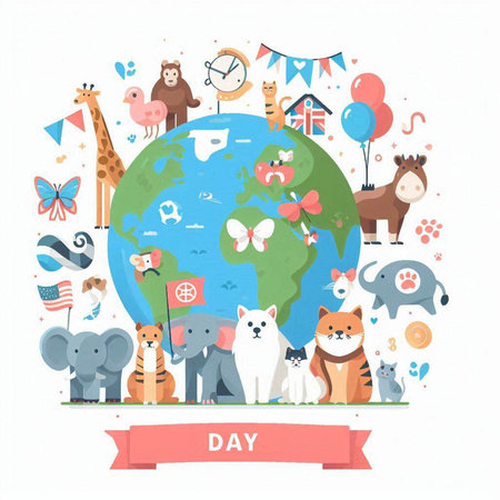 World animals day. Vector illustration in flat cartoon style with cute animals.のイラスト素材