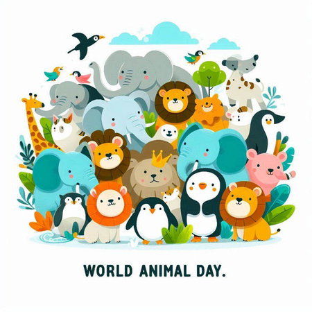 World Animal Day greeting card with cute cartoon animals. Vector illustration.のイラスト素材