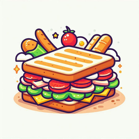 Illustration of a sandwich with sausage, cheese, tomato and lettuce. Vector illustration of fast foodのイラスト素材
