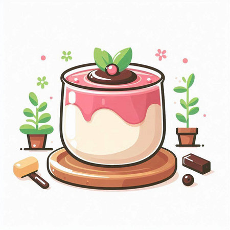 Panna cotta dessert with cherry and chocolate, vector illustration.のイラスト素材