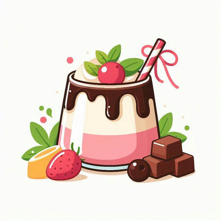 Panna cotta with chocolate, strawberries and mint. Vector illustration.のイラスト素材