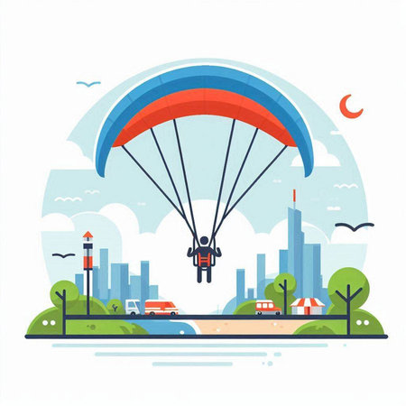 Parachutist flying over the city. Vector illustration in flat styleのイラスト素材