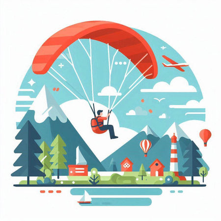 Paraglider flying in the sky. Flat style vector illustration.のイラスト素材