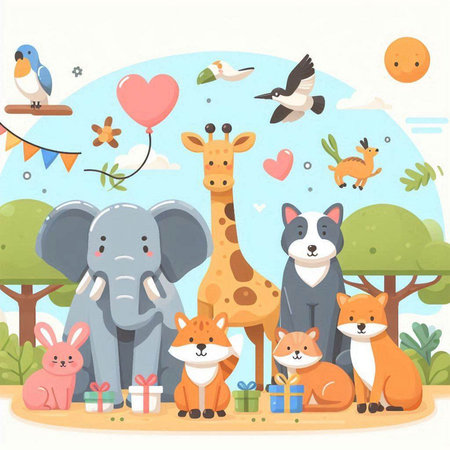 Animals in the park. Cute cartoon animals. Vector illustrationのイラスト素材