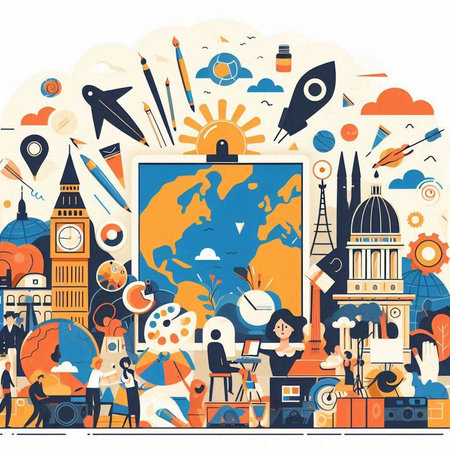 Vector flat illustration of travel around the world. Set of icons on the theme of travel.のイラスト素材