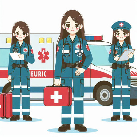 Illustration of a female paramedic standing in front of a ambulanceのイラスト素材