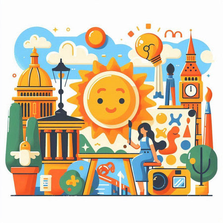 Travel and tourism concept. Vector illustration in flat cartoon style with famous landmarks.のイラスト素材