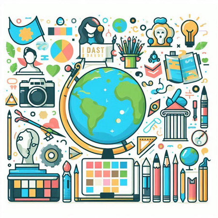 Vector illustration of education and back to school concept with globe, books, pencils, paintbrushes, camera and other items.のイラスト素材