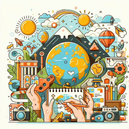 Hand drawn doodle travel and tourism illustration. Hand drawn vector illustrationのイラスト素材