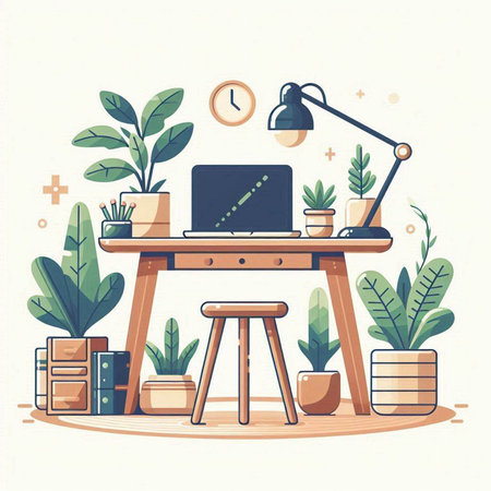 Home office. Workplace with computer, plants and accessories. Vector illustrationのイラスト素材
