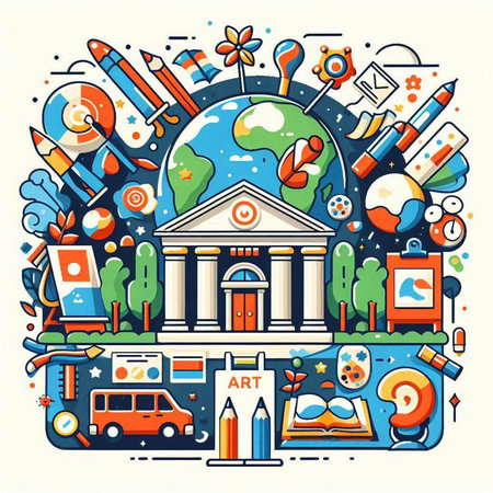Welcome back to school. Vector colorful illustration with school supplies, globe, car, books, globe, globe, pencils.のイラスト素材