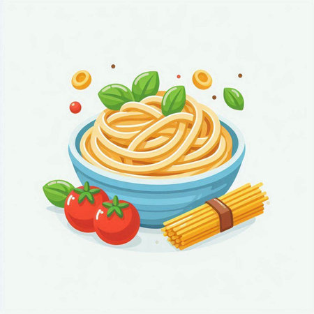 Spaghetti pasta in a bowl with tomatoes and basil. Vector illustration.のイラスト素材