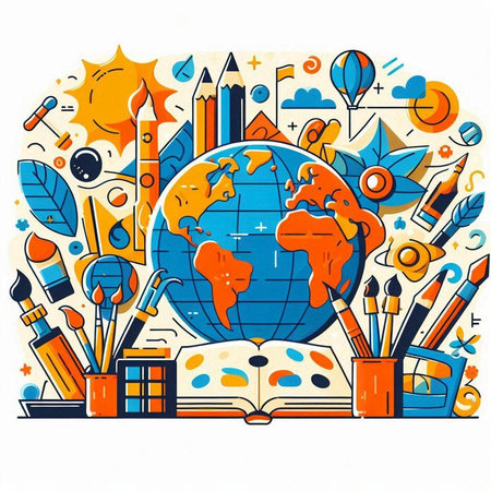 Back to school vector illustration with globe, books, pencils and other supplies.のイラスト素材