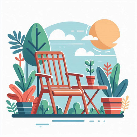 Wooden chair in the garden. Vector illustration in flat style.のイラスト素材