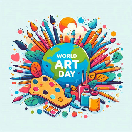 Vector illustration of world art day background with watercolor paints and brushesのイラスト素材