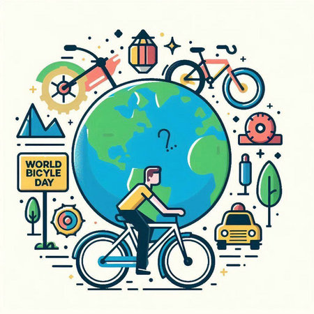 Vector illustration of a man riding a bicycle around the world. Eco friendly transport.のイラスト素材