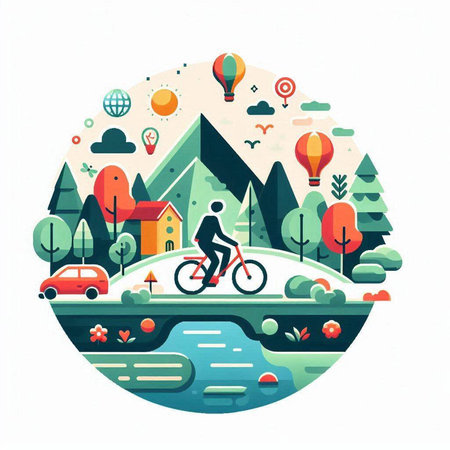 Vector illustration of a bicycle ride in the park. Flat style design.のイラスト素材