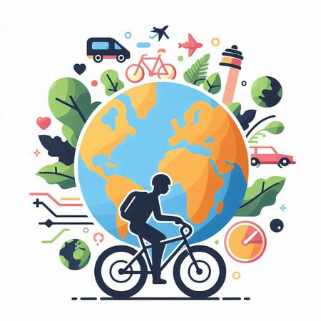 Vector illustration with man riding bicycle around the world. Flat style.のイラスト素材