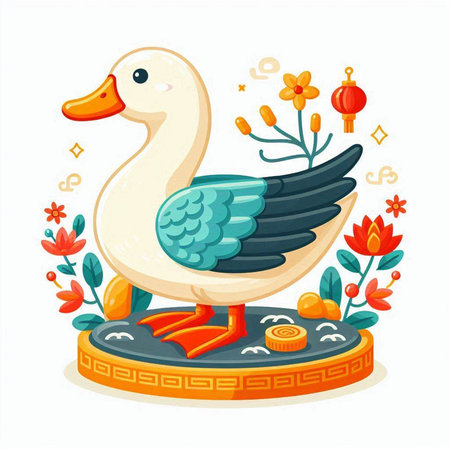 Vector illustration of a cute cartoon duck on a pedestal decorated with flowers.のイラスト素材
