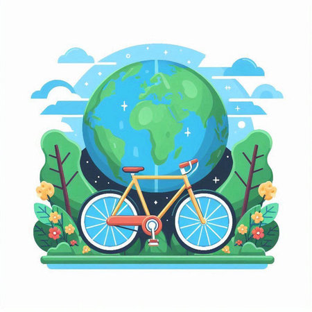 Bicycle on the background of the planet earth. Vector illustration.のイラスト素材