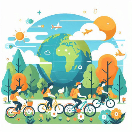 Flat design vector illustration concept of eco friendly lifestyle. People riding bicycles, trees, flowers and sun in the background.のイラスト素材