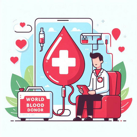 Blood donation concept. Vector illustration in flat cartoon style. Health care, medical and technology concept.のイラスト素材