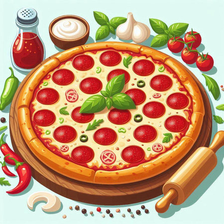 Illustration of a pizza with pepperoni, tomatoes, garlic and basilのイラスト素材