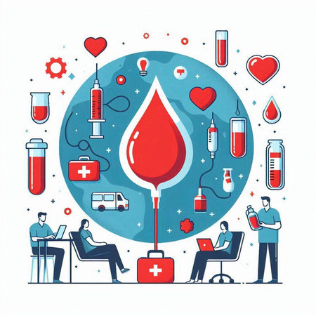 Blood donation concept. Vector illustration in flat line style. Donate blood concept.のイラスト素材