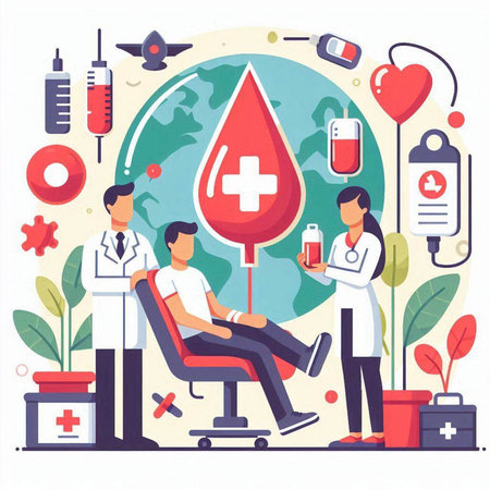 Blood donation concept in flat style. Doctor, nurse and patient with blood drop. Vector illustrationのイラスト素材