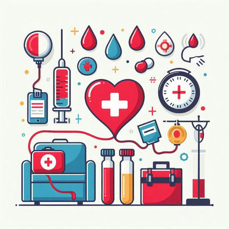Medical and health care concept. Vector illustration in flat line style with icons.のイラスト素材