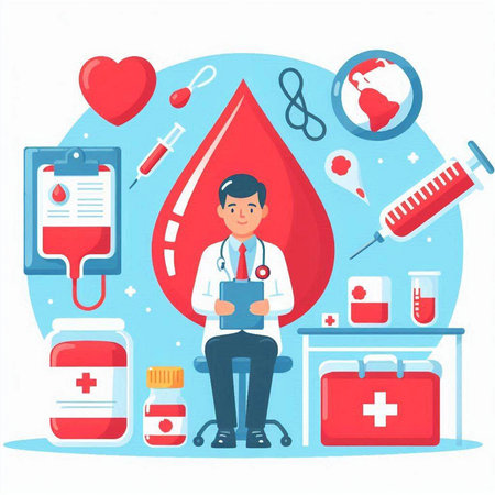 Blood donation concept. Doctor with a stethoscope in his hand. Vector illustrationのイラスト素材