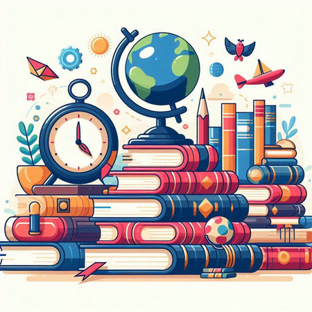 Vector illustration of a stack of books, globe, compass and other school suppliesのイラスト素材