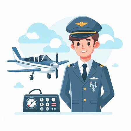 Pilot in uniform with airplane and airplane. Vector illustration in cartoon styleのイラスト素材