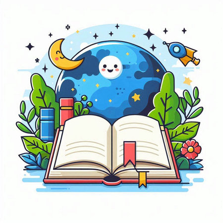 Illustration of a book with a moon and stars on a white backgroundのイラスト素材
