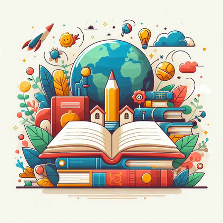 Back to school and education concept. Vector illustration with books, globe, planet, pencils, rocket.のイラスト素材