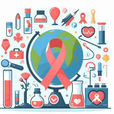 Vector illustration of World Aids Day concept. Red ribbon, globe, medical icons and objects.のイラスト素材