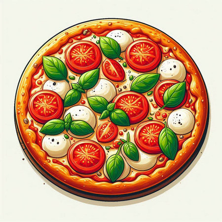 Pizza with mozzarella, tomatoes and basil. Vector illustration.のイラスト素材