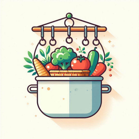 Vegetables and fruits in a cooking pot. Vector illustration.のイラスト素材