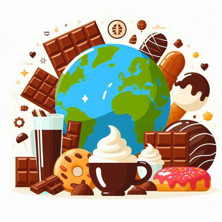 Vector illustration of chocolate, ice cream, donut, cup of coffee and world map.のイラスト素材