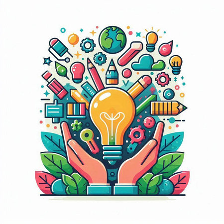 Vector illustration of creative idea concept in flat line style. Hand holding lightbulb with creative icons.のイラスト素材