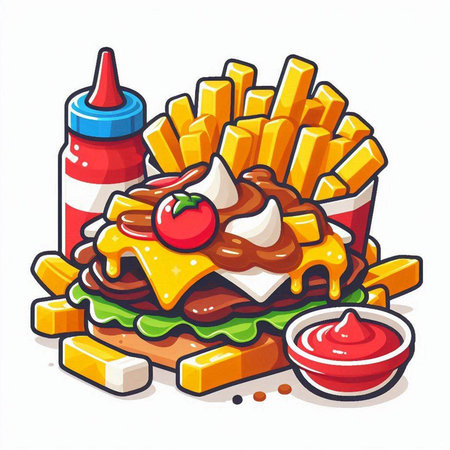Illustration of a hamburger with fries, ketchup and mayonnaiseのイラスト素材