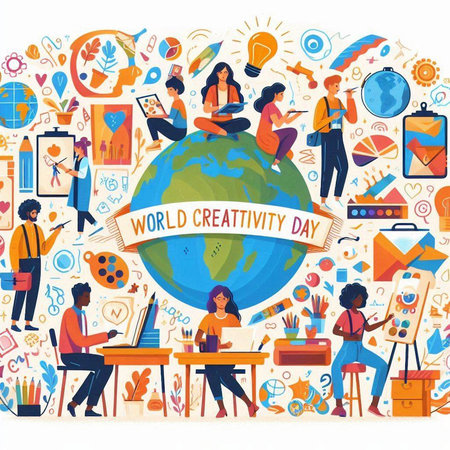 Vector illustration of World Education Day. Group of people working with computer and world globe.のイラスト素材