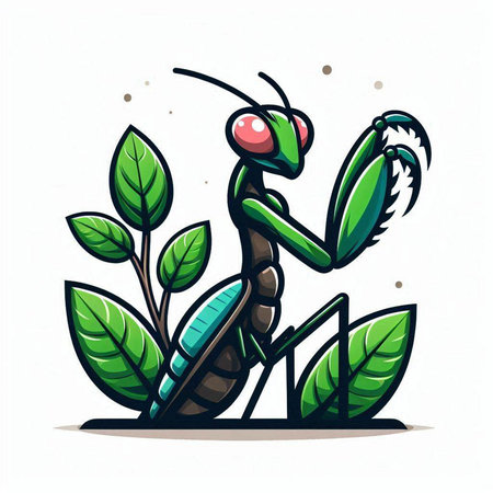 Praying mantis with green leaves. Vector illustration isolated on white background.のイラスト素材