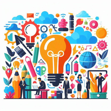 Vector illustration of business people working and brainstorming with lightbulb on white backgroundのイラスト素材