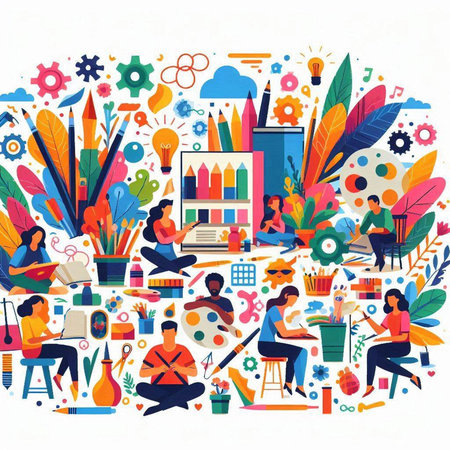 Flat design illustration of art and creativity concept with people working in creative office.のイラスト素材