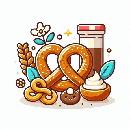 Bavarian pretzel vector illustration. Cute cartoon pretzel with whipped cream, pretzel with chocolate and coffee.のイラスト素材