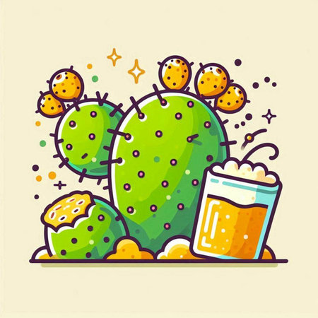 Cactus with a glass of beer. Vector illustration in cartoon styleのイラスト素材